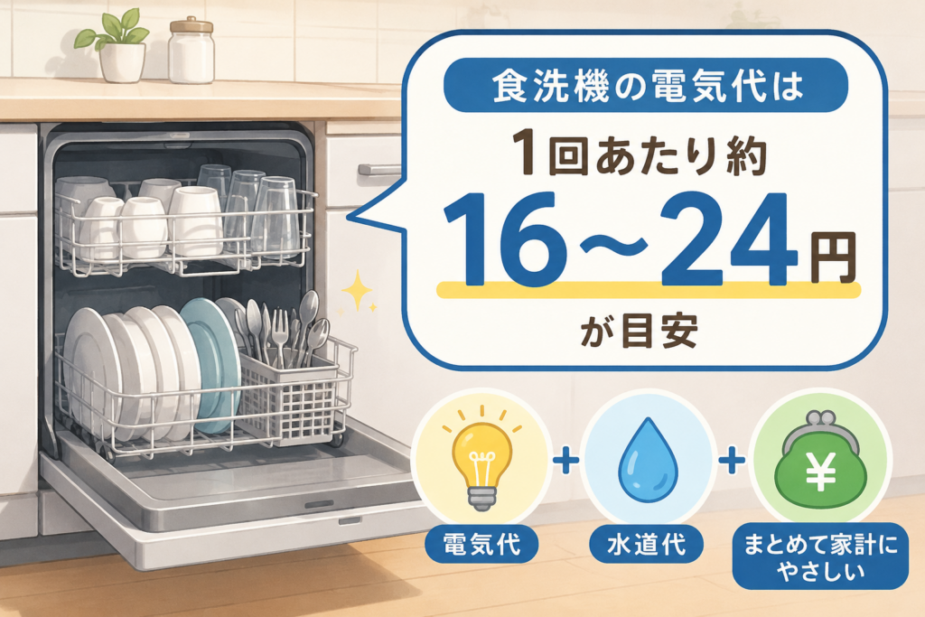 食洗機の電気代は1回あたり約16〜24円が目安であることを示したイメージイラスト