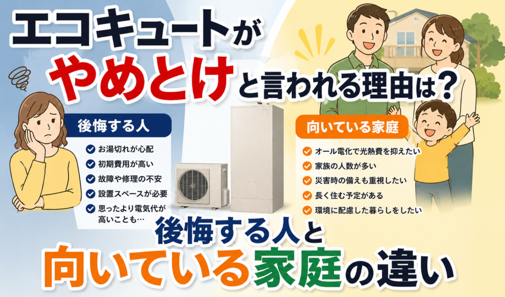 エコキュートを導入して後悔する人と、エコキュートが向いている家庭の違いを比較したイラスト