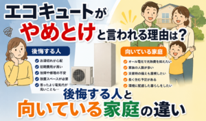 エコキュートを導入して後悔する人と、エコキュートが向いている家庭の違いを比較したイラスト