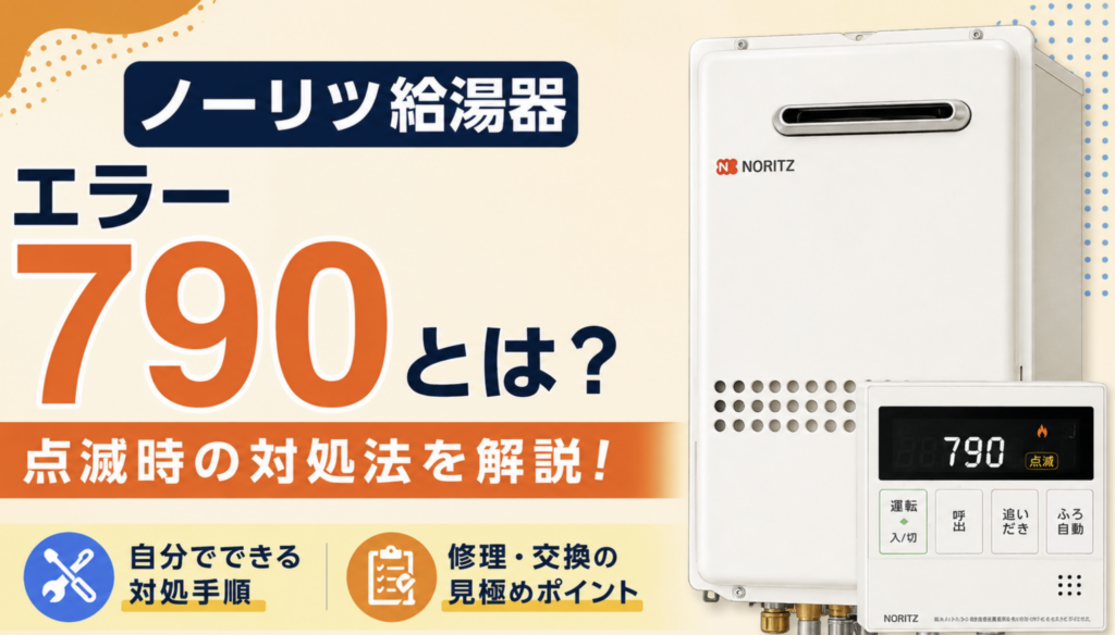 ノーリツ給湯器のエラー790について、点滅時の対処法と修理・交換の見極めを解説するサムネイル画像