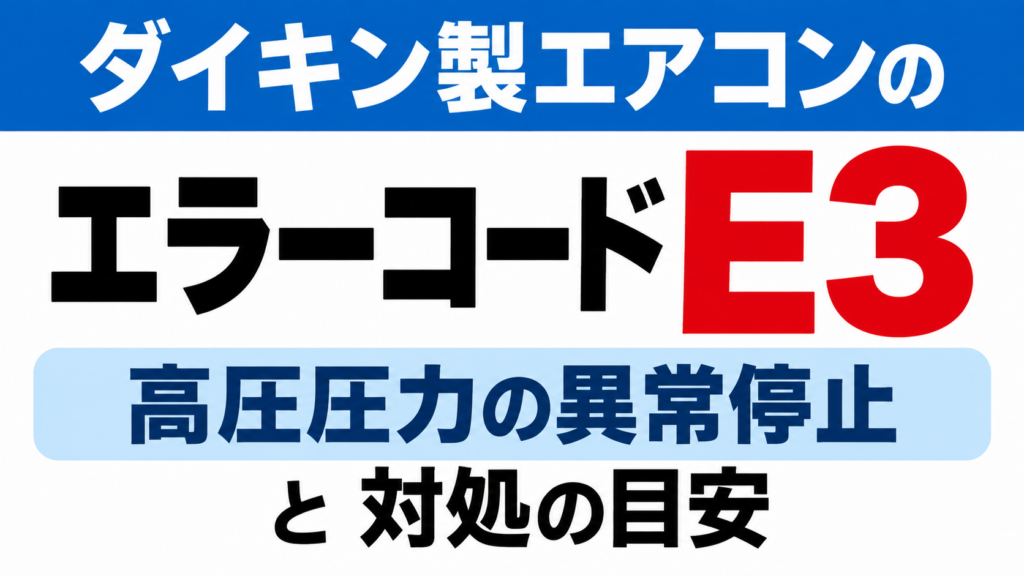 ダイキン製エアコンのエラーコードE3について、高圧圧力の異常停止と対処の目安を示したサムネイル画像