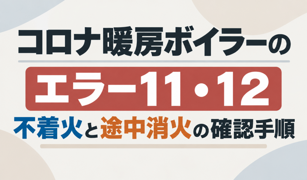 コロナ暖房ボイラーのエラー11・12について、不着火と途中消火の確認手順を示したサムネイル画像