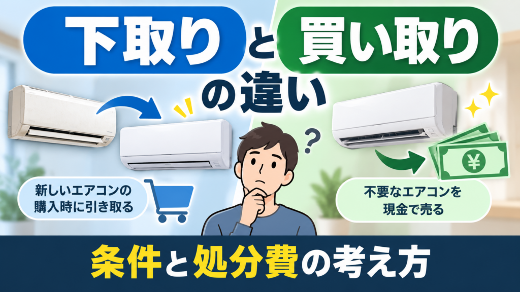 エアコンの下取りと買い取りの違いを、買い替え時の引き取りと現金での売却に分けて比較したイラスト