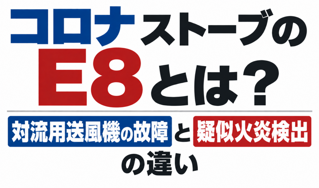 コロナストーブのE8表示について、対流用送風機の故障と疑似火炎検出の違いを示したサムネイル画像