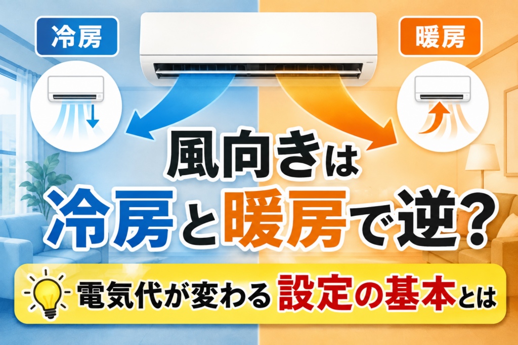 冷房は上向き、暖房は下向きの風向きを示し、エアコンの風向き設定と電気代の関係を解説するサムネイル画像