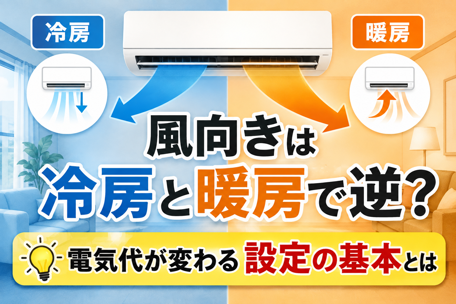 冷房は上向き、暖房は下向きの風向きを示し、エアコンの風向き設定と電気代の関係を解説するサムネイル画像