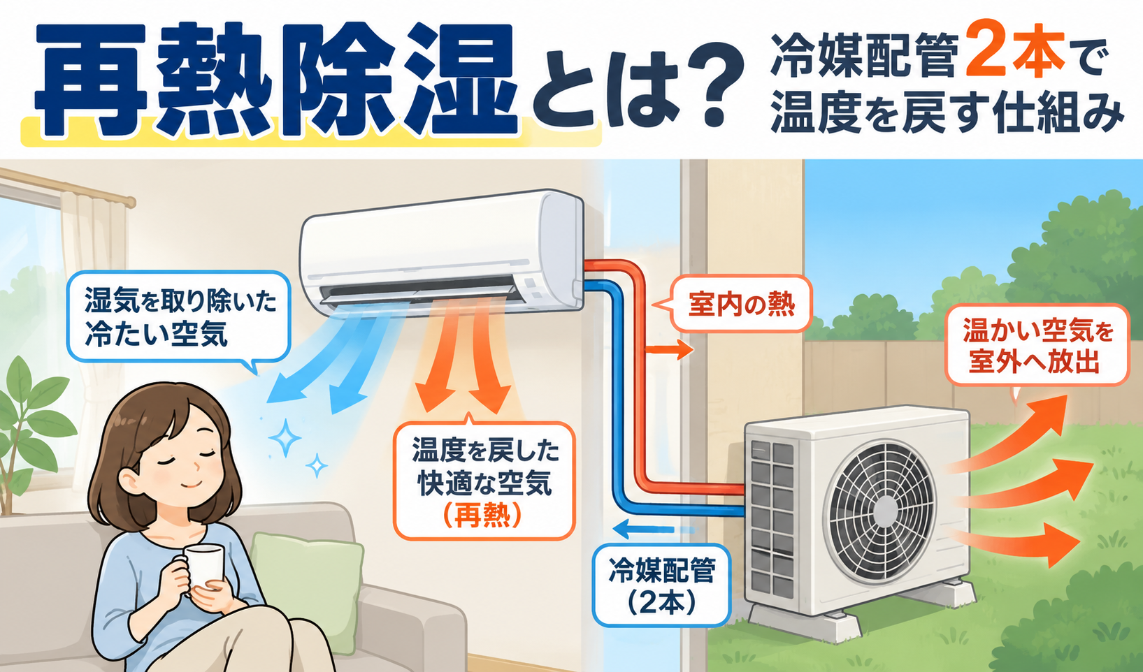 再熱除湿で湿気を取り除いた空気を再び暖めて室内へ戻し、冷媒配管2本を通じて室外機から熱を放出する仕組みを示したイラスト