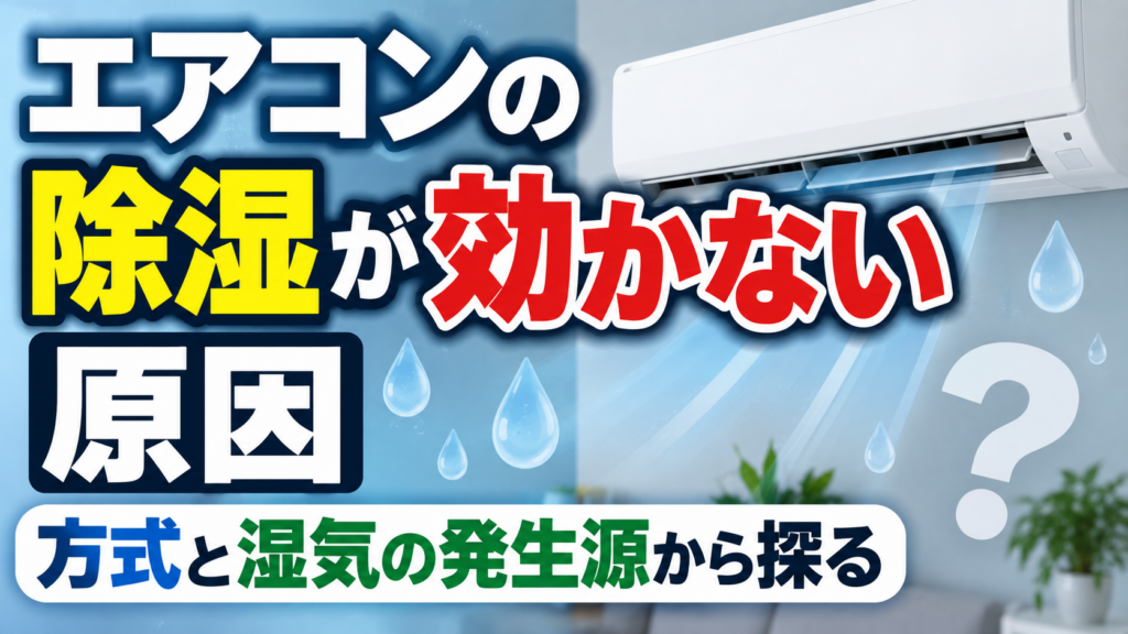 エアコンの除湿が効かない原因を、除湿方式と湿気の発生源から探ることを表したイラスト