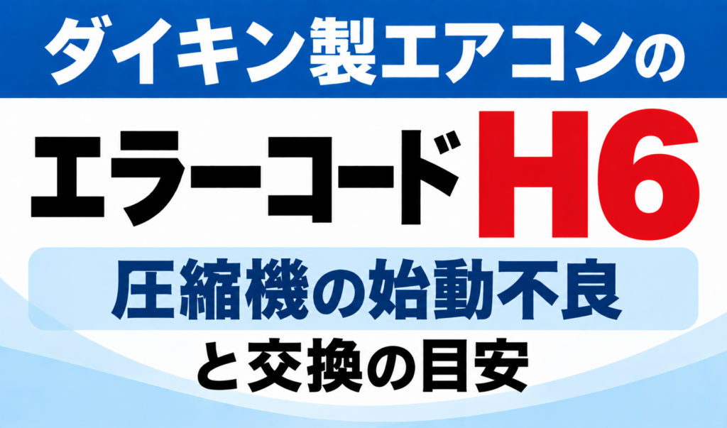 ダイキン製エアコンのエラーコードH6について、圧縮機の始動不良と交換の目安を示したサムネイル画像