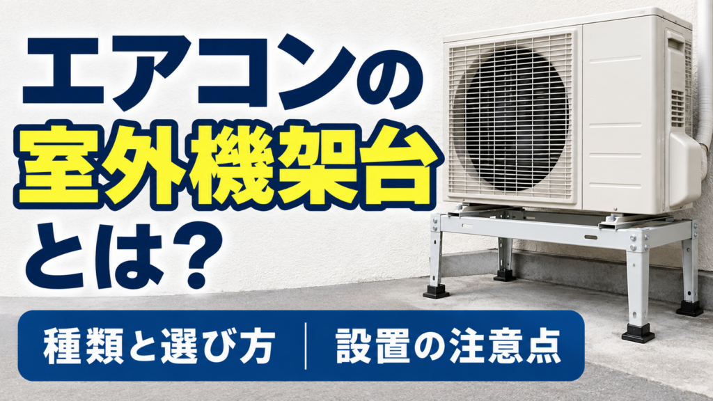 エアコンの室外機を金属製の架台に設置した様子と、架台の種類や選び方・設置の注意点を示したサムネイル画像