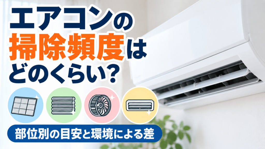 エアコンの掃除頻度について、フィルター・熱交換器・ファン・吹き出し口など部位別の目安と環境による違いを表したイメージ画像