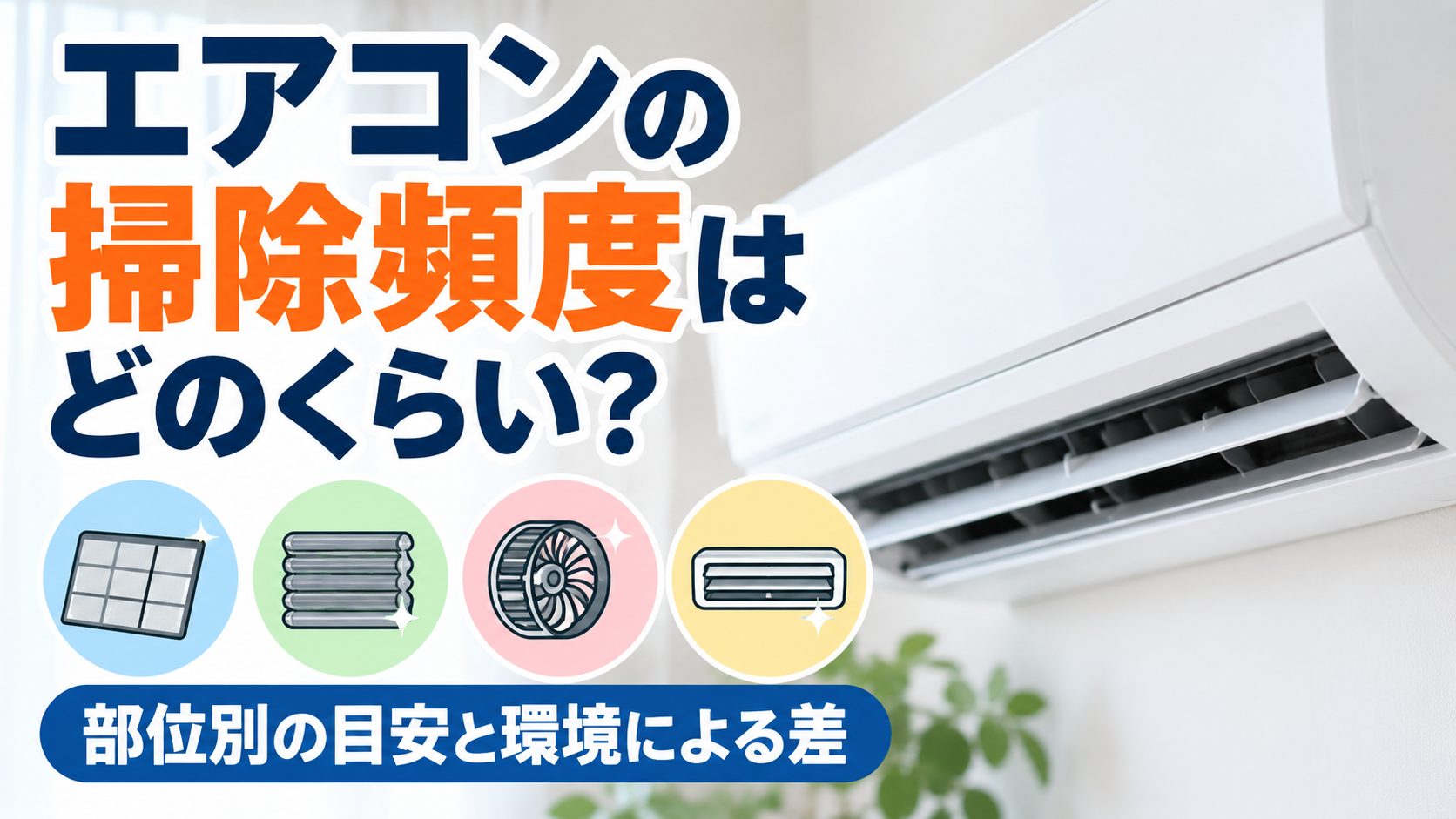 エアコンの掃除頻度について、フィルター・熱交換器・ファン・吹き出し口など部位別の目安と環境による違いを表したイメージ画像