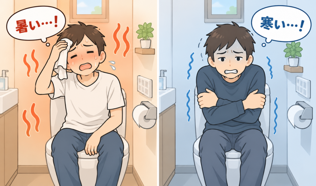 トイレの中で暑さに汗をかいている人物と、寒さに震えている人物を左右2分割で描いたイラスト