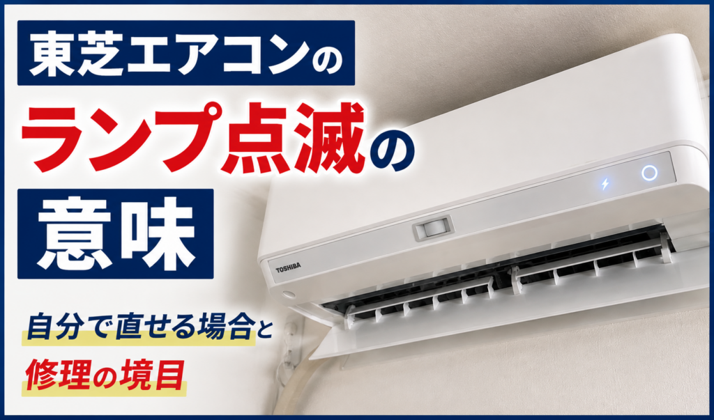 東芝エアコンのランプ点滅と、自分で直せる場合・修理が必要な場合の境目を示したサムネイル