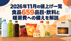 飲料、菓子、ベビーフード、調味料と暖房機を並べ、「2026年11月の値上げ一覧｜食品659品目・飲料と暖房費への備えを解説」と記したサムネイル