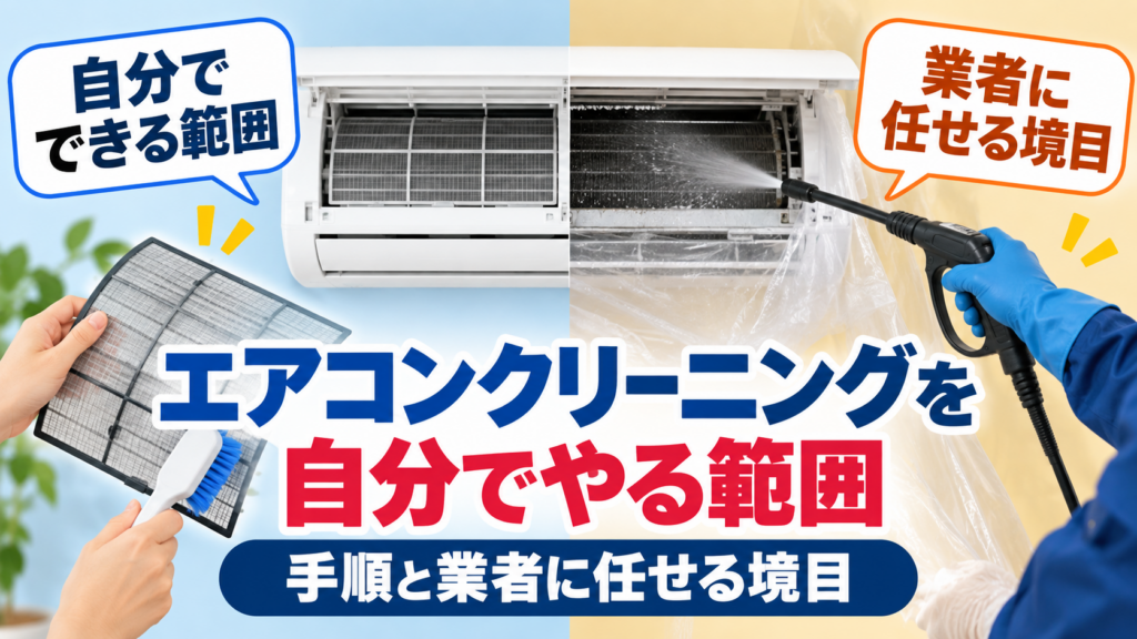 エアコンのフィルターを自分で掃除する範囲と、内部を業者が高圧洗浄する範囲の違いを示したイメージ