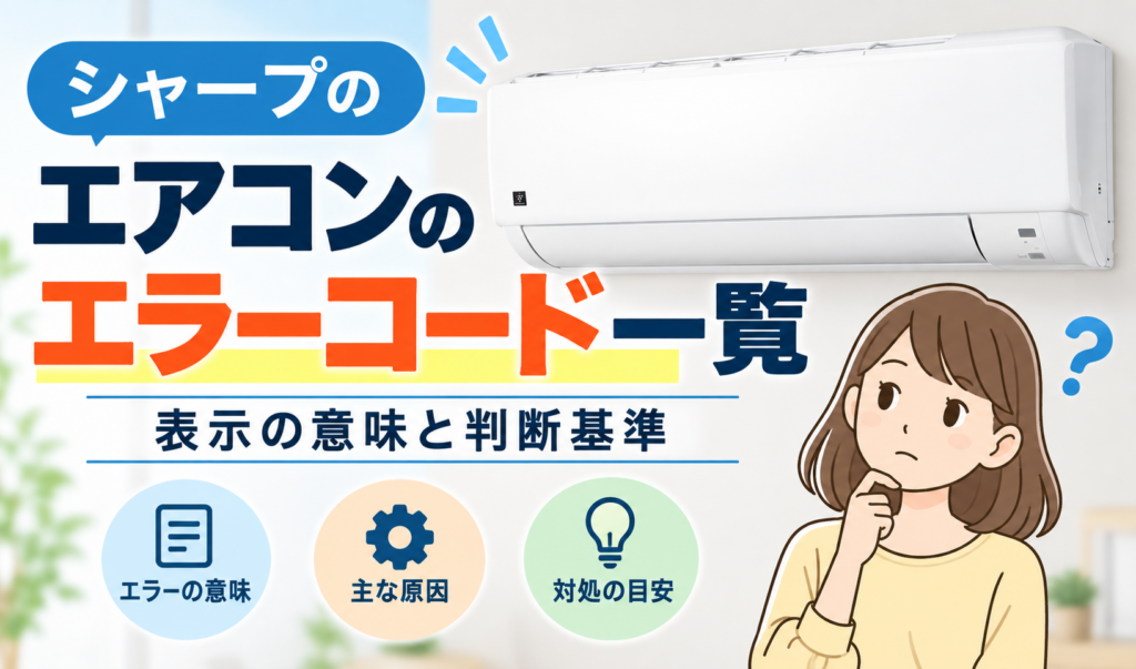 シャープのエアコンのエラーコード一覧について、表示の意味や原因、対処の目安を確認するイメージイラスト