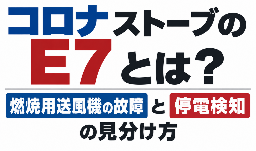 コロナストーブのE7表示について、燃焼用送風機の故障と停電検知の見分け方を示したサムネイル画像