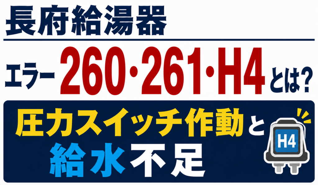 長府給湯器のエラー260・261・H4と圧力スイッチ作動・給水不足について解説するサムネイル画像