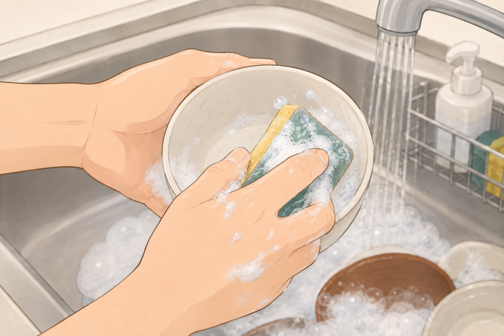 キッチンのシンクで、スポンジを使って茶碗を手洗いしている手元のイラスト