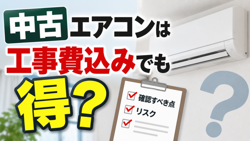 中古エアコンが工事費込みでも得なのか、確認すべき点やリスクをチェックするイメージ