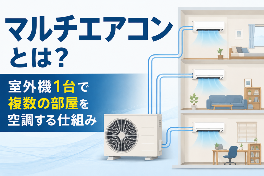 室外機1台に複数の室内機を接続し、複数の部屋を空調するマルチエアコンの仕組みを示したイラスト