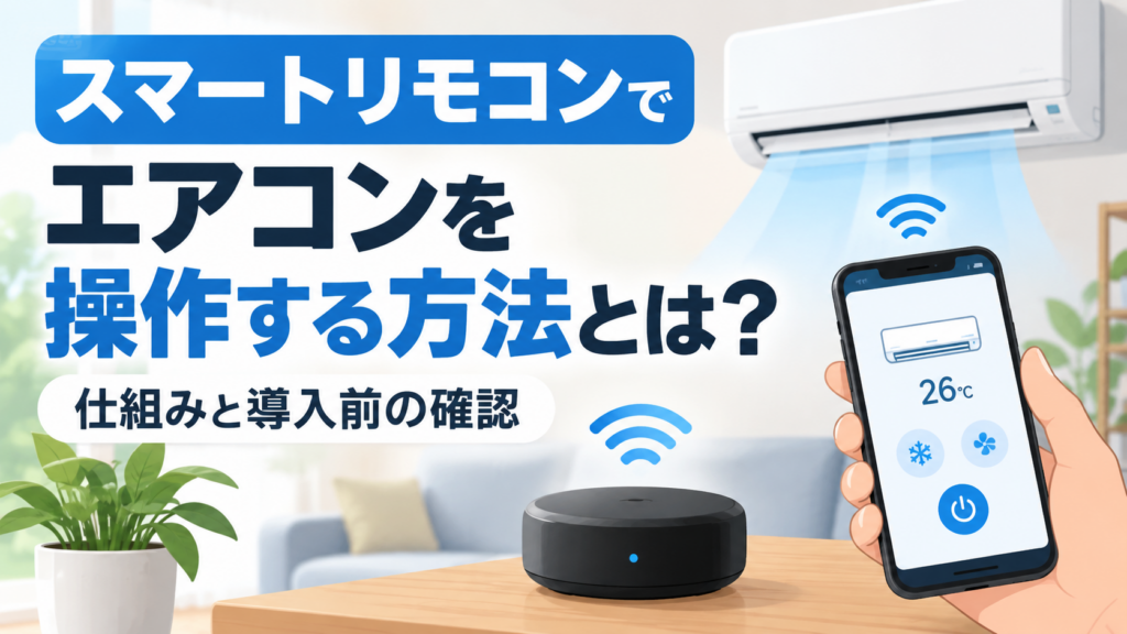 スマートリモコンとスマートフォンを使ってエアコンを操作する仕組みを表したイラスト
