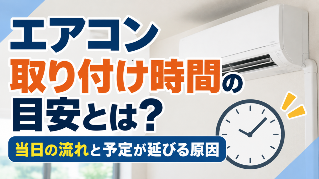 エアコン取り付け時間の目安と、当日の流れや工事予定が延びる原因をイメージしたサムネイル画像