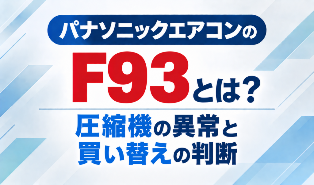 パナソニックエアコンのエラーコードF93と、圧縮機の異常・買い替えの判断について示したサムネイル画像