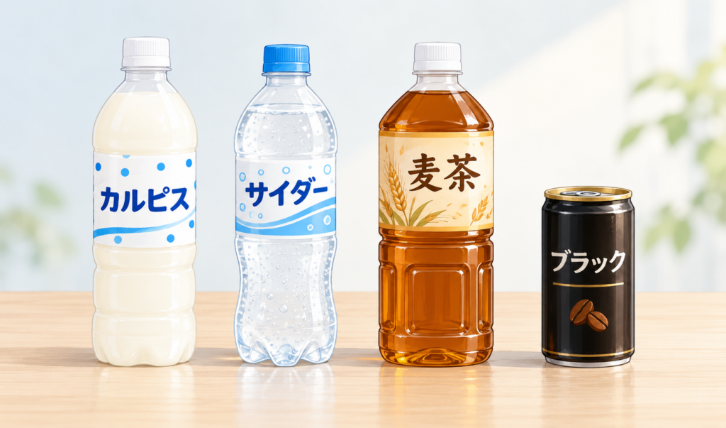 カルピス、サイダー、麦茶のペットボトルとブラックの缶コーヒーが横一列に並ぶイラスト