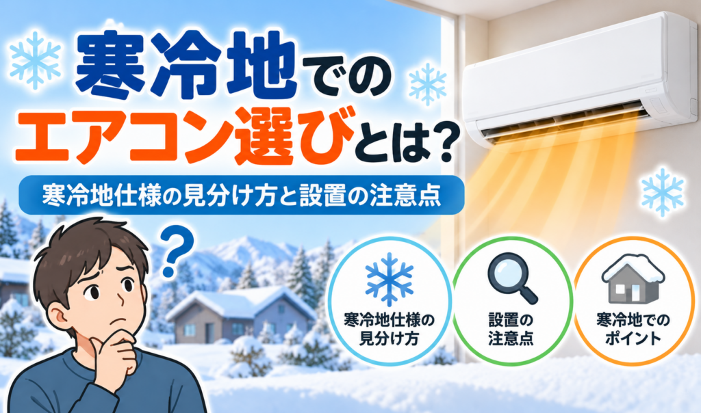 寒冷地でのエアコン選びについて、寒冷地仕様の見分け方や設置時の注意点を雪景色とエアコンで表したサムネイル画像