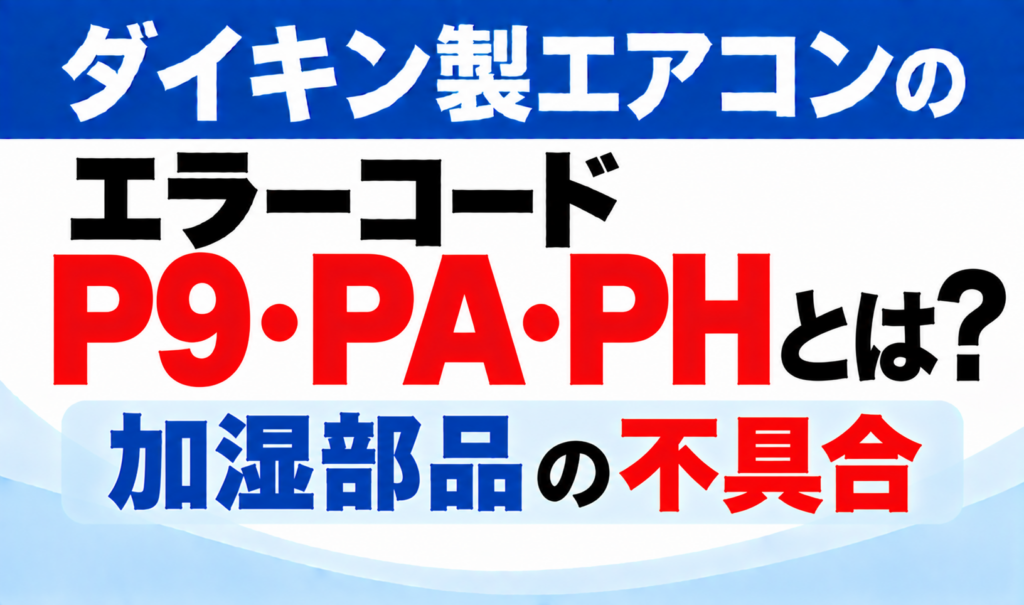 ダイキン製エアコンのエラーコードP9・PA・PHについて、加湿部品の不具合を示した文字のみのサムネイル画像
