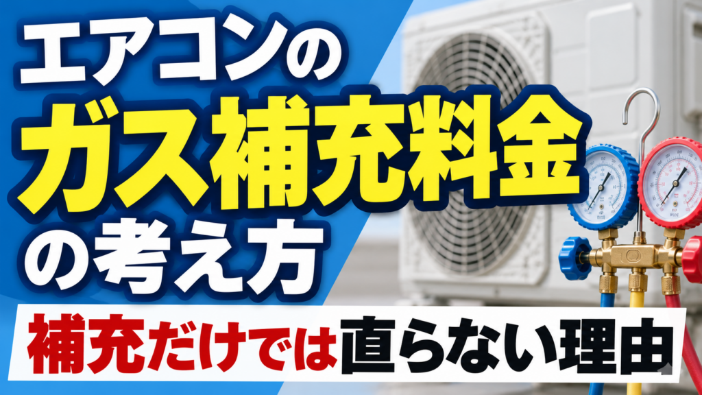 エアコンのガス補充料金の考え方と、ガスを補充するだけでは直らない理由を解説するイメージ