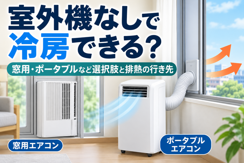 室外機なしで使える窓用エアコンと、排熱ダクトを窓の外へ出して使用するポータブルエアコンを比較したイメージ