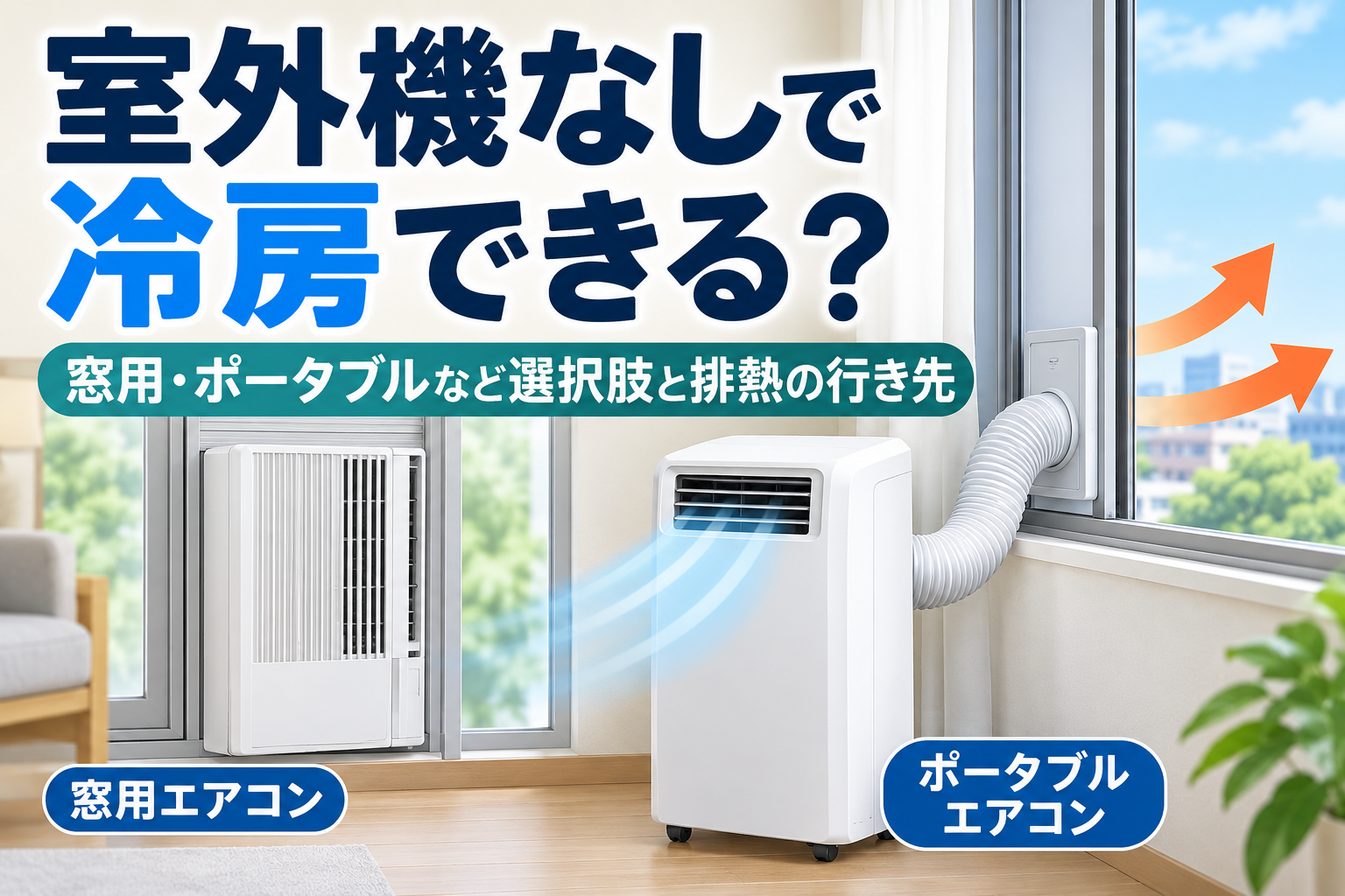 室外機なしで使える窓用エアコンと、排熱ダクトを窓の外へ出して使用するポータブルエアコンを比較したイメージ