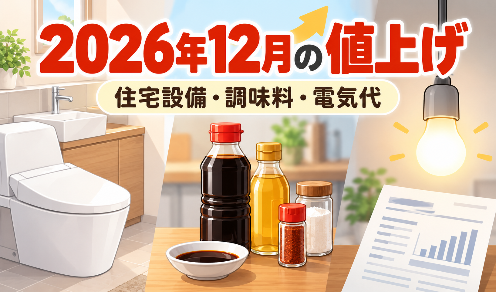 2026年12月の値上げを示す見出しと、住宅設備、調味料、電球と電気料金の書類を描いたイラスト