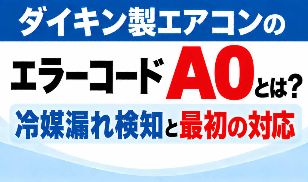 ダイキン製エアコンのエラーコードA0について、冷媒漏れ検知と最初の対応を示した文字のみのサムネイル画像
