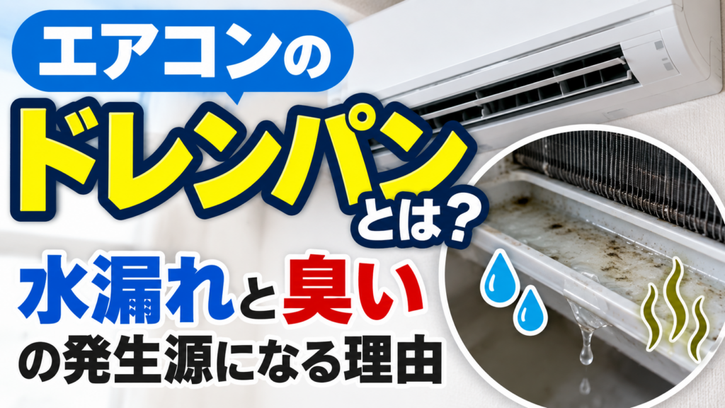 エアコンのドレンパンにたまった水や汚れが、水漏れや臭いの原因になることを示したイメージ