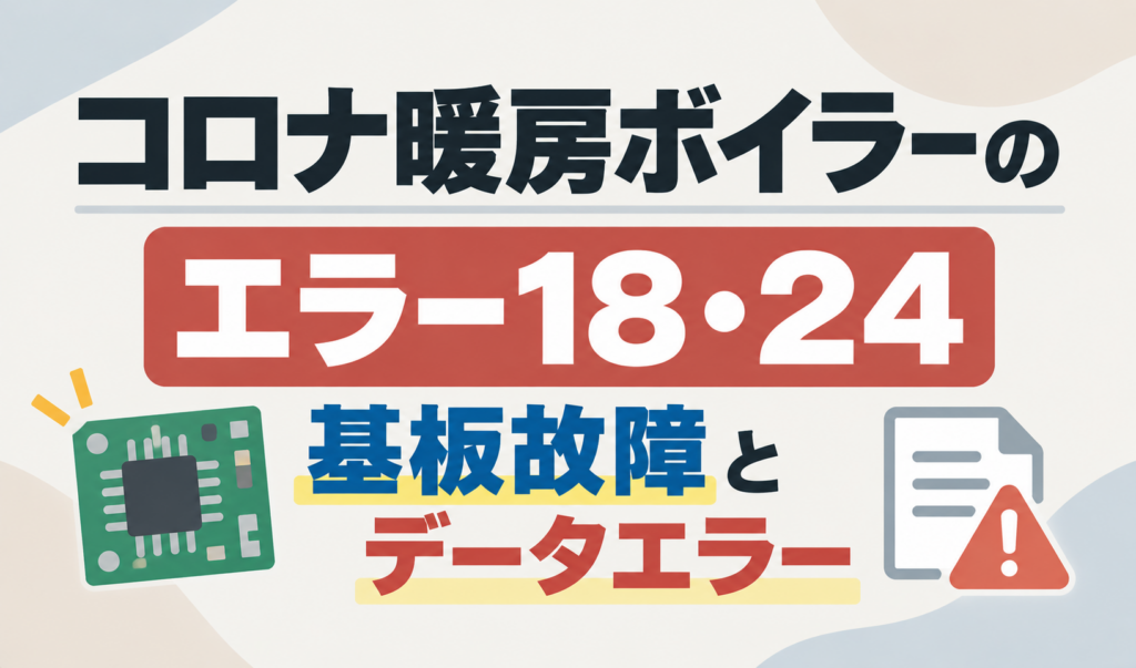 コロナ暖房ボイラーのエラー18・24について、基板故障とデータエラーを示したサムネイル画像