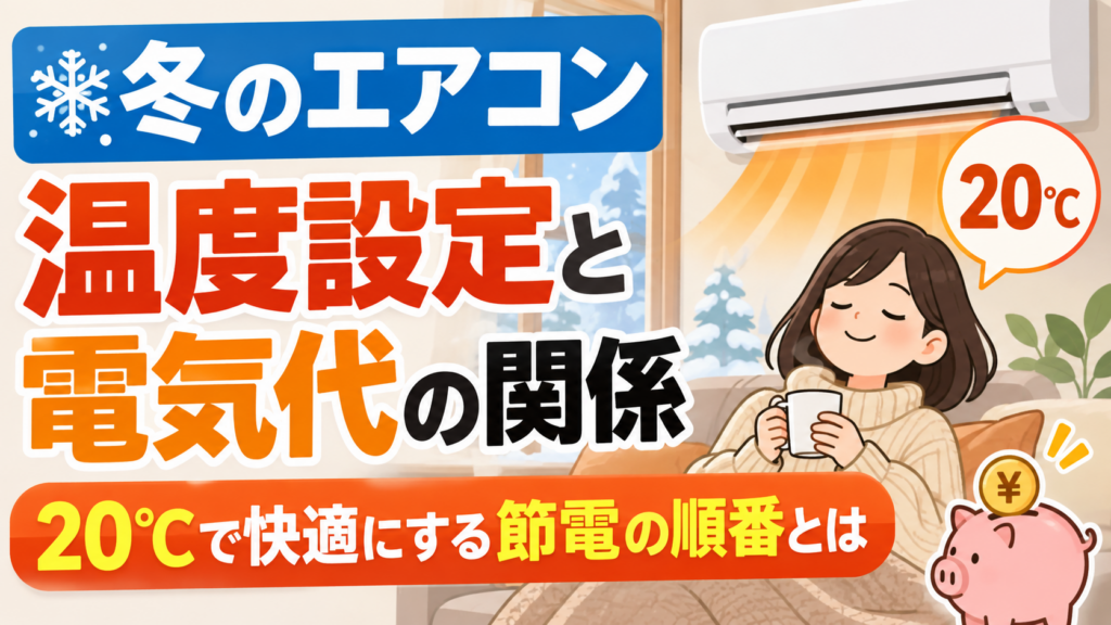 冬の室内でエアコンを20℃に設定し、電気代を抑えながら快適に過ごす節電方法をイメージしたイラスト