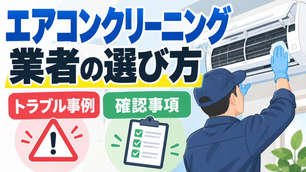 エアコンクリーニング業者の選び方とトラブル事例・確認事項を、清掃する作業員とチェックリストで示したイラスト