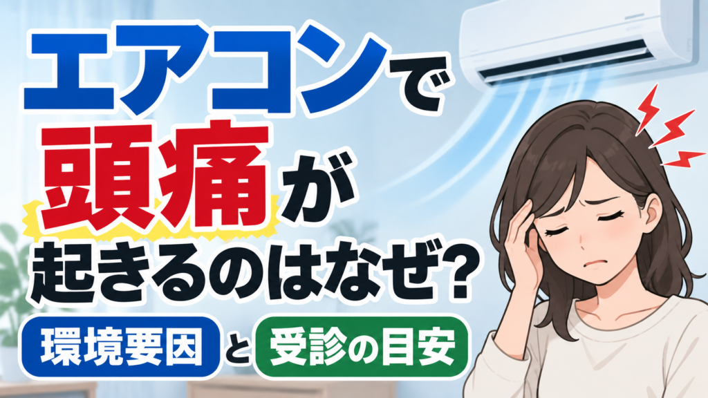 エアコンの風が当たる室内で頭痛を感じてこめかみを押さえる女性と、環境要因・受診の目安を示したイラスト