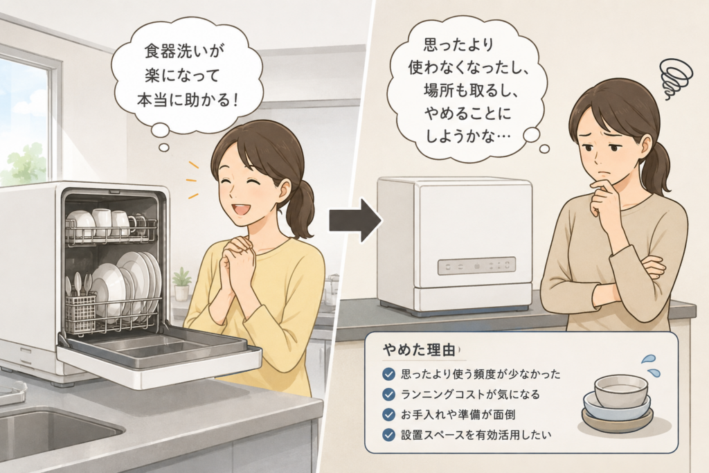食洗機を使っていたものの、使用頻度や設置スペースなどを理由に使うのをやめようか考えている人のイラスト