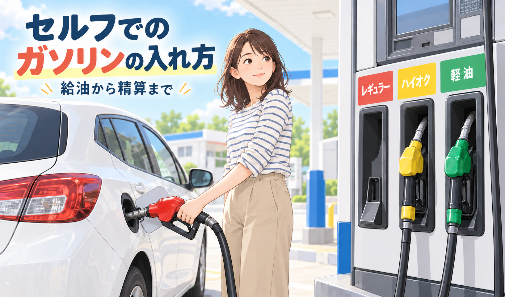 セルフスタンドで赤い給油ノズルを握り、車に給油する人物のイラスト