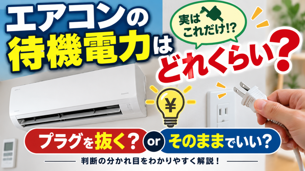 エアコンの待機電力と電源プラグを抜くかどうかの判断をイメージしたイラスト