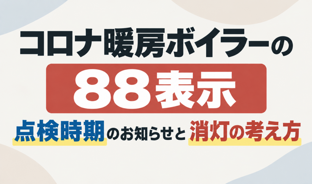 コロナ暖房ボイラーの88表示について、点検時期のお知らせと消灯の考え方を示したサムネイル画像