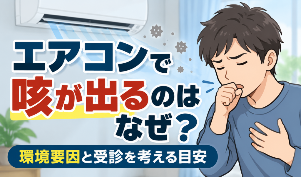 エアコンの風を受けて咳をする男性と「エアコンで咳が出るのはなぜ？環境要因と受診を考える目安」の文字を描いたイラスト