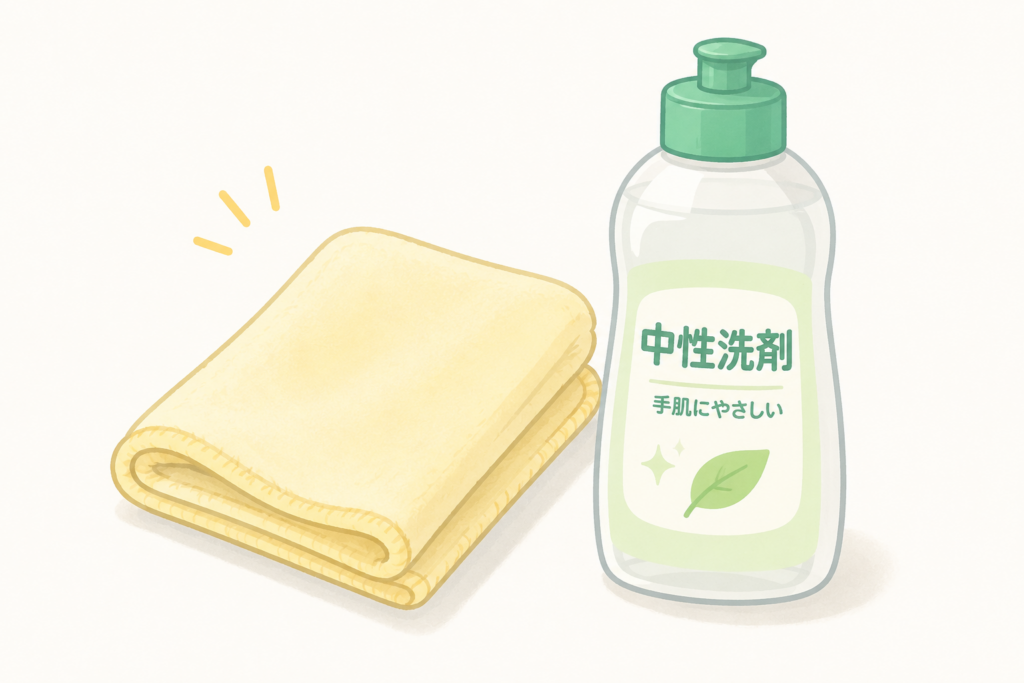 柔らかい布と中性洗剤を並べた、お手入れ用品のイメージイラスト