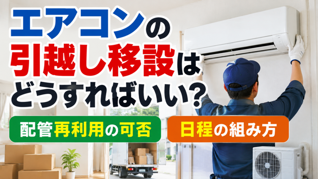 エアコンの引越し移設作業をする業者と、配管再利用の可否や移設日程の組み方を示したサムネイル画像