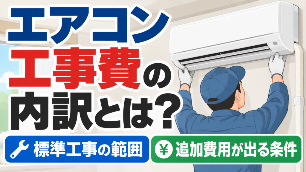 エアコン工事費の内訳と標準工事の範囲、追加費用が発生する条件を解説するイラスト